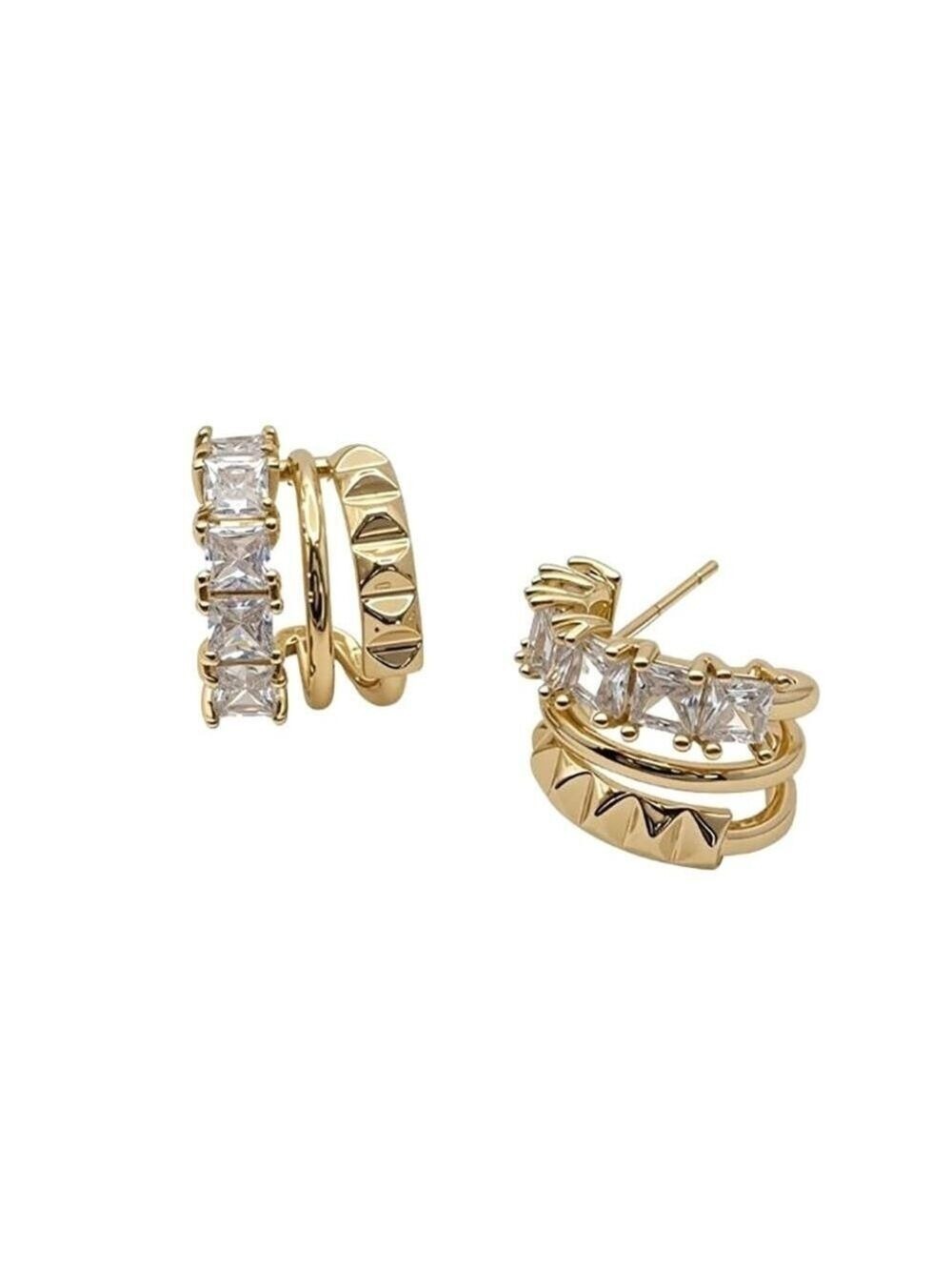 Gold Triple-Row Hoop Earrings with Clear Stones - Picture 2 of 3